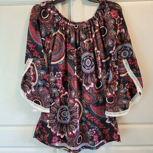 WinWin Red Black Paisley Print Lace Trim Sleeve Tunic